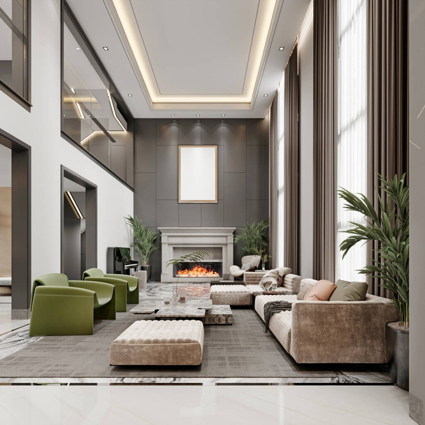 Luxusní obývací pokoj s vysokými stropy a velkými okny a druhé patro s barevným designovým čalouněným nábytkem v zelené a bílé barvě. 3D vykreslování. - Fotografie, Obrázek