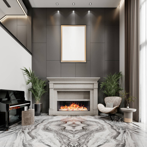 Fireplace area with a white fireplace against a high black paneled wall with a piano and a designer easy chair. 3d rendering. - Photo, Image