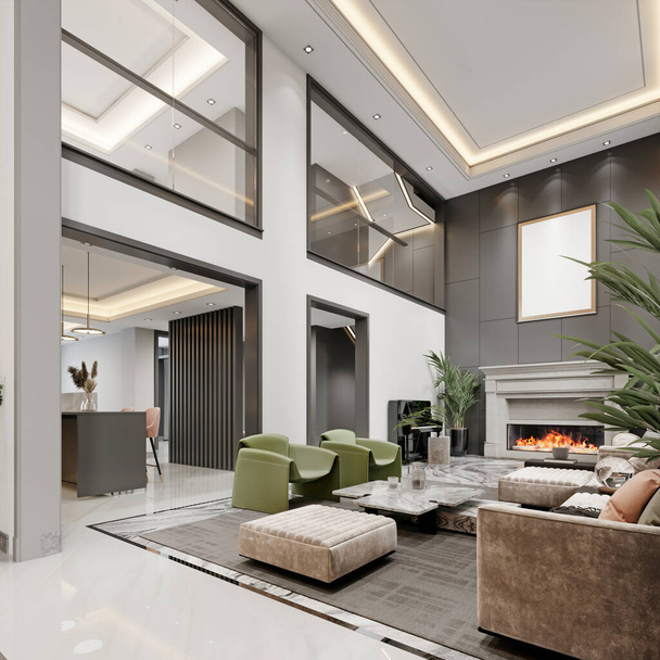 Luxuriöses Wohnzimmer mit hohen Decken und großen Fenstern und ein zweiter Stock mit bunten Designer-Polstermöbeln in grün und weiß. 3D-Darstellung. - Foto, Bild