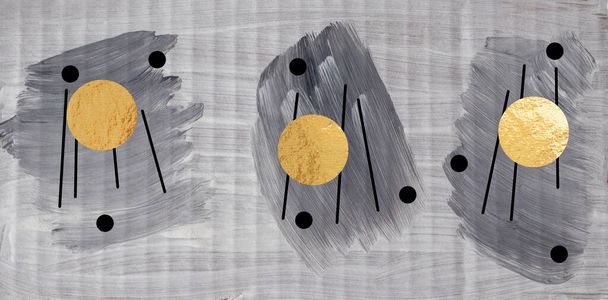 Stilvolle graue abstrakte Bild. Modernes Design schmale Malerei mit Farbstrichen, schwarzen Streifen und Goldkreisen - Foto, Bild