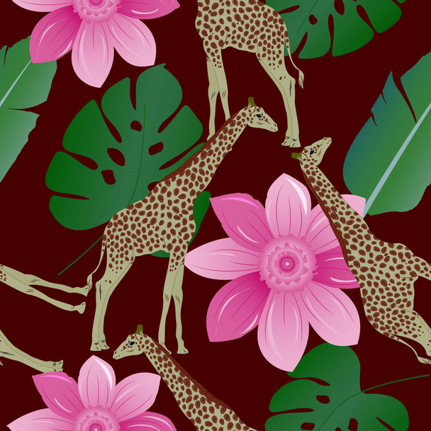 Seamless pattern of sage color giraffe with caput mortuum color spots, sea green ,dark spring green banana leaves, thulian pink flower on black bean background.wildlife animal and jungle theme pattern - Vector, Image