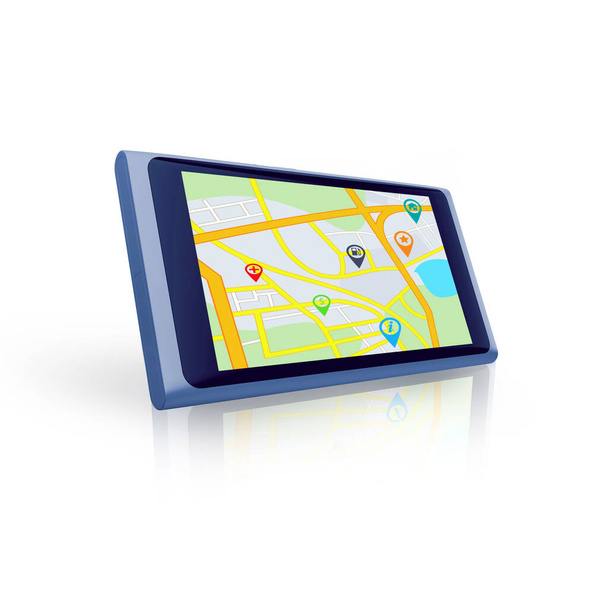 Ill be your guide for today. a tablet showing a street map with location icons - Zdjęcie, obraz