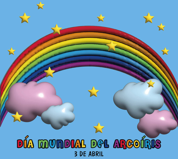 Illustrazione 3D della Giornata Mondiale dell'Arcobaleno il 3 aprile con un arcobaleno, nuvole e stelle su sfondo blu con il testo DA MUNDIAL DEL ARCORIS 3 DE ABRIL (Trova un giorno di arcobaleno, 3 aprile ) - Foto, immagini