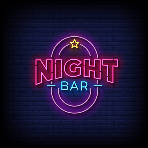 night bar neon sign with brick wall background, vector illustration - Vektör, Görsel