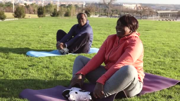 公園でヨガマットを持つ健康的なシニアカップル-アフリカ系アメリカ人の退職者が屋外でスポーツをする - - 映像、動画
