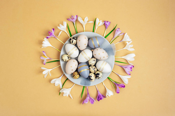 Piatto con uova di Pasqua dipinte e fiori di croco su sfondo beige. Vista dall'alto, piatta. - Foto, immagini