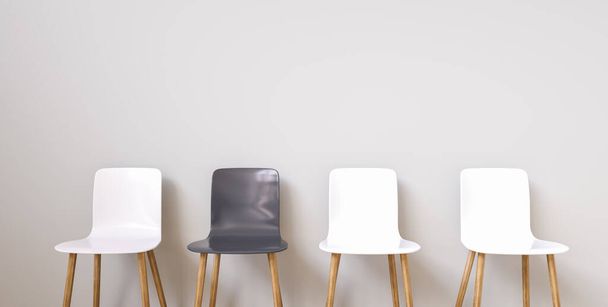 İç veya grafik arka planlar için duvarın önüne dizilmiş modern tasarım sandalyeleri. Sandalye farklı renkte işe alma pozisyonunu temsil etmek için metafor olarak kullanılabilir. - Fotoğraf, Görsel