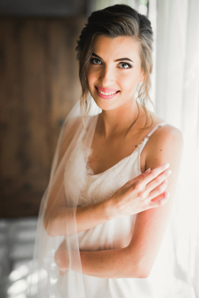 Gorgeous bride in robe posing and preparing for the wedding ceremony face in a room. - 写真・画像