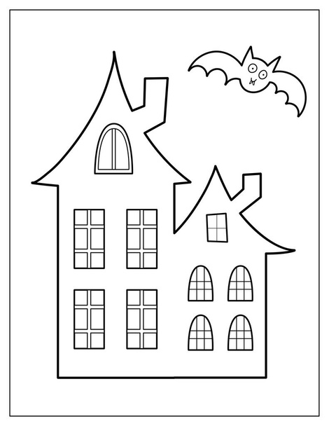 Happy Halloween coloring page with spooky house and bat. Halloween night print for coloring book in US Letter format. Vector illustration - Vektor, obrázek