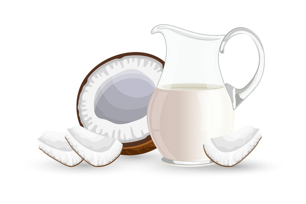 Mezza noce di cocco, pezzi di cocco e una brocca di latte su fondo bianco. Illustrazione sana della bevanda, vettore - Vettoriali, immagini