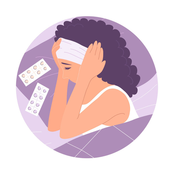 A woman in bed suffers from a headache - Vector, imagen