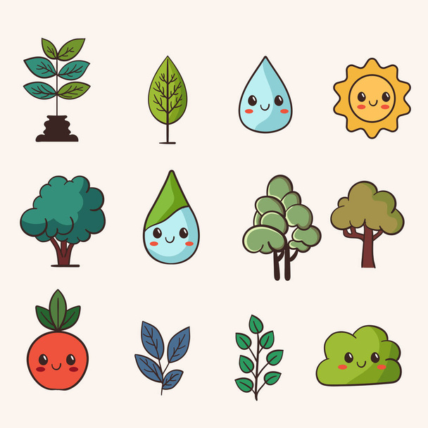 Eco Friendly Elements Like As Trees And Water Drops, Sun, Mandarin On Beige Background. - Vektor, kép