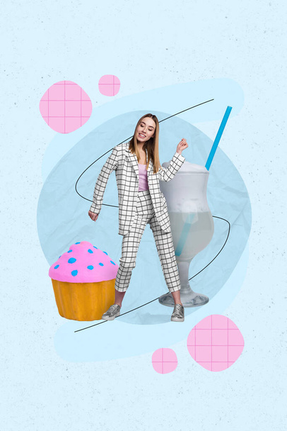 Creative photo artwork minimal design collage of young girl wear formal clothes enjoy her lunch dessert cupcake milkshake isolated on blue background. - Фото, изображение