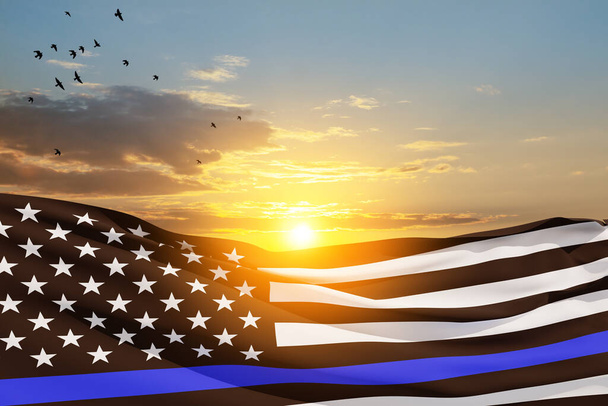 American flag with police support symbol Thin blue line on sunset sky with birds. Police in society as the force which holds back chaos, allowing order and civilization to thrive. 3d-rendering. - Foto, Imagem
