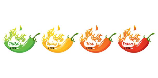 Fűszeres szint. Forró chili paprika ikonok készlet láng és színskála enyhe, közepes meleg és extra forró. A paprikaszósz vagy a snack élelmiszer szintje. - Vektor, kép