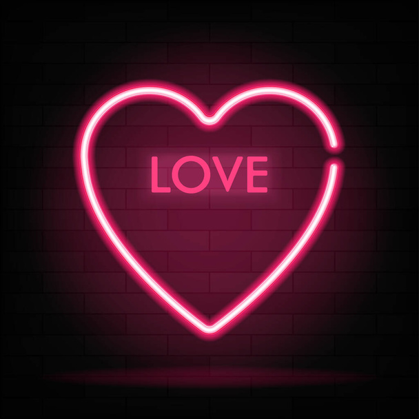 Neon gradient sign of word love in form heart on dark background. Modern illustration. Light banner on the wall backdrop with bright neon lights. - Vector, afbeelding