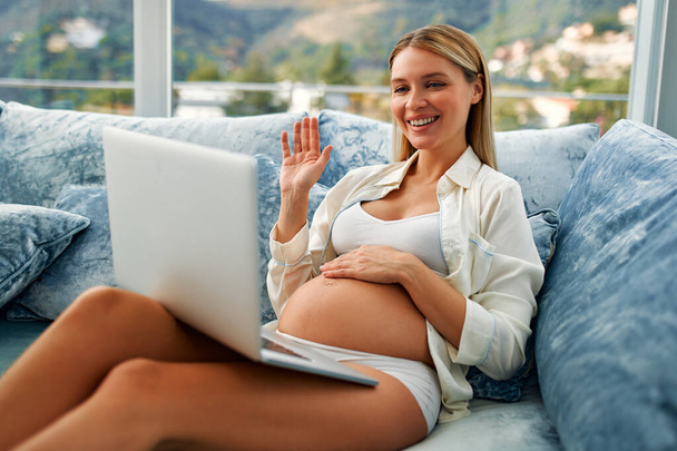 Genç hamile bir kadın dizüstü bilgisayarla kanepede oturuyor ve elini sallıyor oturma odasındaki video konuşmasında konuşuyor. Annelik ve hamilelik kavramı. - Fotoğraf, Görsel