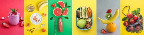 Collage van foto 's van gezond voedsel. Melkyoghurt met aardbeien, grapefruit smoothie, granola ontbijt, lunch box, evenwicht fruit en appels op de gekleurde achtergrond. - Foto, afbeelding