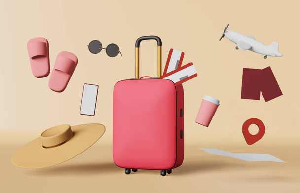 Розовый чемодан авиабилеты карта паспорта тапочки шляпа кофе 3D рендеринг баннер. Современная креативная реклама путешествий. Акция по продаже билетов на летние каникулы - Фото, изображение