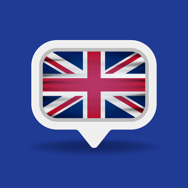 Weiße Sprechblase mit Großbritannien-Flagge und langem Schatten auf blauem Hintergrund. Konzeptionelle Illustration in englischer Sprache. - Vektor, Bild