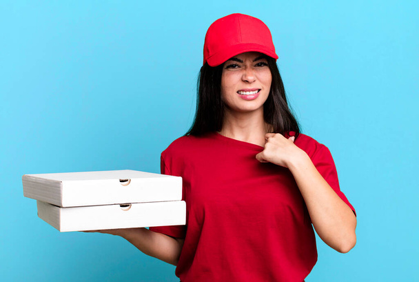 hispanic pretty woman feeling stressed, anxious, tired and frustrated. delivery pizza concept - Fotografie, Obrázek