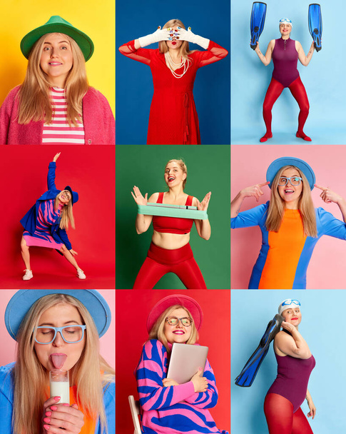 Collage. Portraits of emotional woman posing in different outfits over multicolored studio background. Diverse hobby and activity. Concept of emotions, facial expression, lifestyle and fashion - Valokuva, kuva