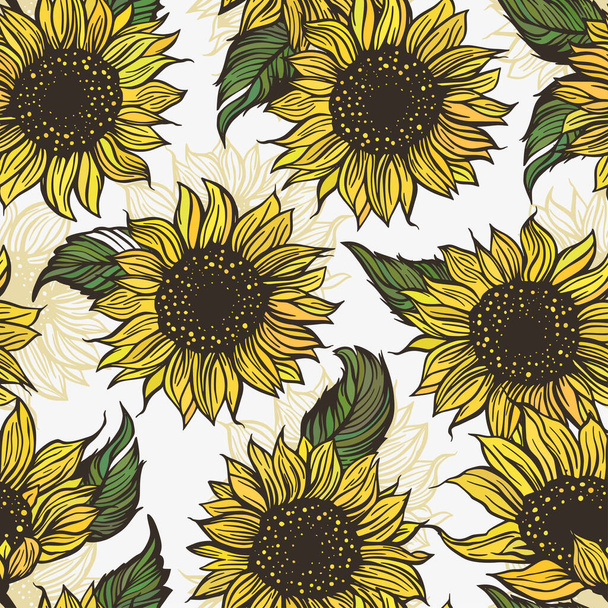 Sunflower doodle seamless vector pattern. Nature drawing flower plant spring summer garden background. - Vector, afbeelding