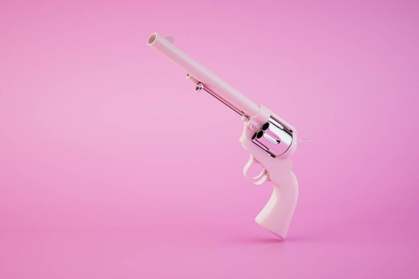 roze pistool revolver geïsoleerd op pastel achtergrond. 3d renderen. - Foto, afbeelding