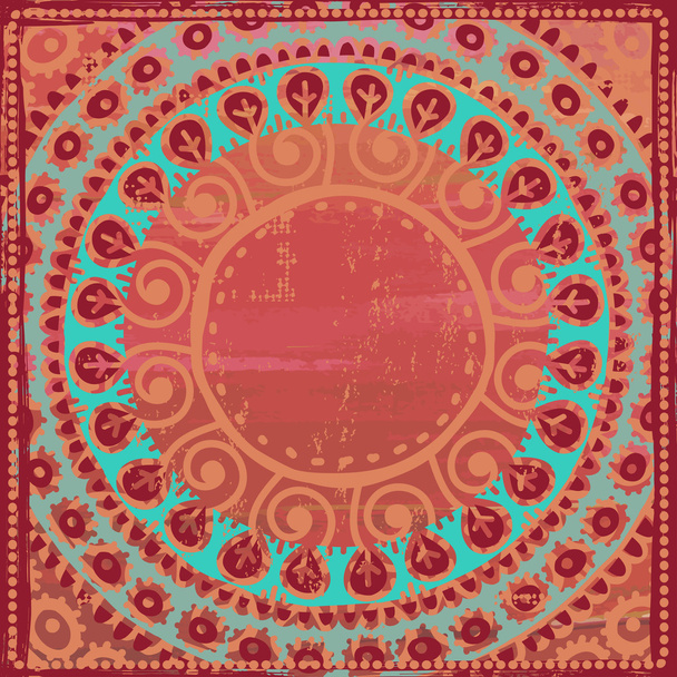 Hand drawn  ethnic frame in turquoise and coral red tones - Vector, Image