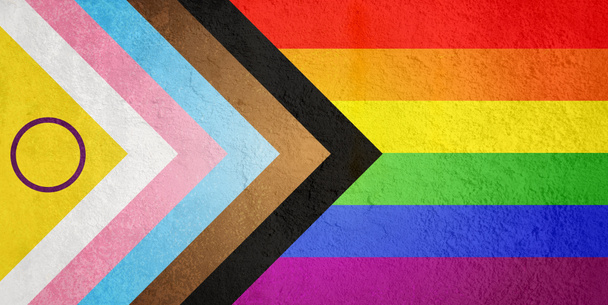 Bandeira de progresso intersexual sobre parede de concreto 2SLGBTQIA + banner - Foto, Imagem