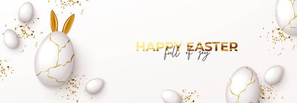 Happy Easter horizontal banner. Top view on white eggs with golden liquid and golden confetti. Vector illustration with 3d decorative objects. Greeting banner. - Vetor, Imagem