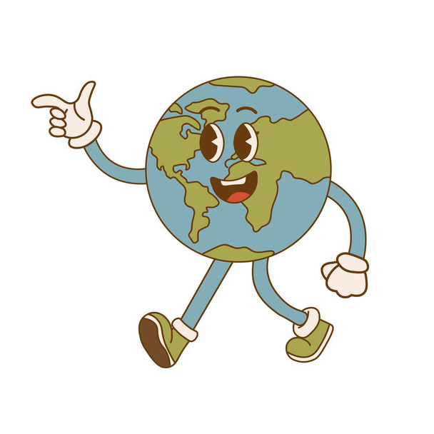 Día de la Tierra. Dibujos animados lindo planeta tierra personaje en estilo retro. Ecoconcepto ambiental - Vector, imagen