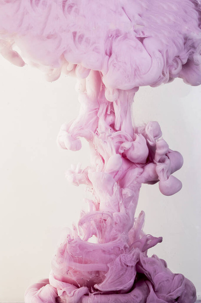 Ink dropped into the water and photographed while in motion. Paint swirling in water. Pink cloud and smoke of paint in water isolated on white background. - Photo, Image