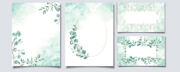 結婚式のテンプレート花の背景カード。白いクリーム色のバラ、ピスタチオの葉、緑の水彩スプラッシュと金色の正方形のフレームを持つ素朴な結婚式の固定。招待状の日付を保存します - 写真・画像