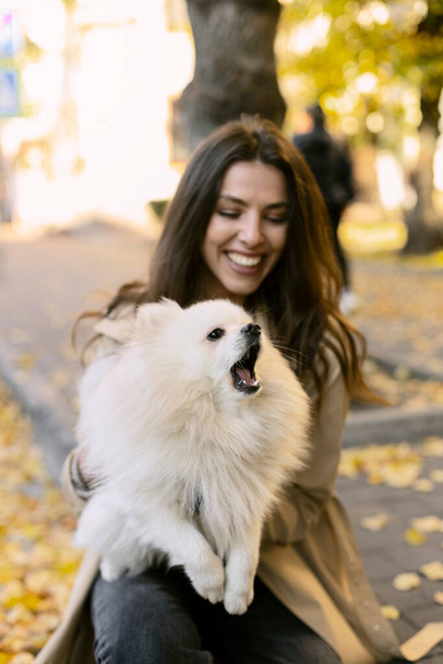 Улыбаясь, молодая женщина держит белую собаку, собака лает на улице, на фоне деревьев с желтыми листьями. Прогулка на свежем воздухе с домашним животным. - Фото, изображение