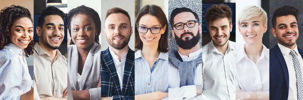 Colagem de retratos de jovens empresários multirraciais felizes homens e mulheres bonitos em outwear formal posando ao ar livre e dentro de casa, panorama, sucesso no negócio para millennials - Foto, Imagem