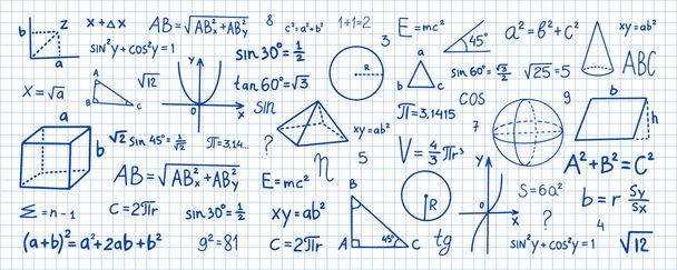 Hand drawn math symbols. Math symbols on notebook page background. Sketch math symbols. - ベクター画像