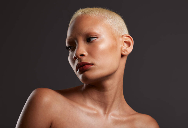 Beauty, makeup and skincare, face of black woman in dark studio with platinum hair isolated on grey background. Art aesthetic, cosmetics and beautiful African model in skin glow and luxury spa facial. - 写真・画像
