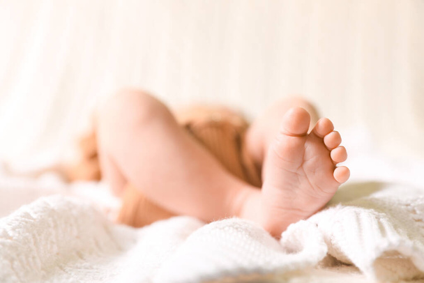 Cute newborn baby lying on white knitted plaid, closeup of legs. Space for text - Foto, imagen