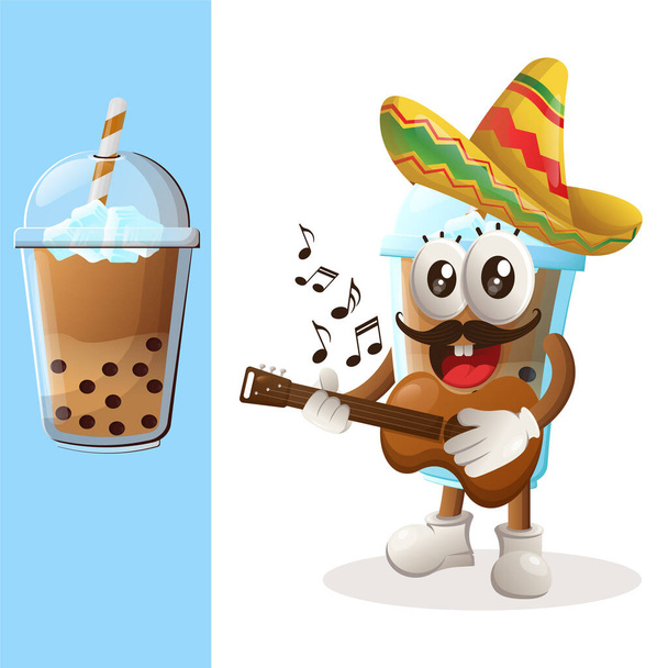 Cute Bubble Tea mascot wearing mexican hat with playing guitar. Perfect for food store, small business or e-Commerce, merchandise and sticker, banner promotion, food review blog or vlog channe - Вектор,изображение