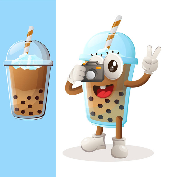 Cute Bubble Tea mascot taking photo with camera. Perfect for food store, small business or e-Commerce, merchandise and sticker, banner promotion, food review blog or vlog channe - Вектор, зображення