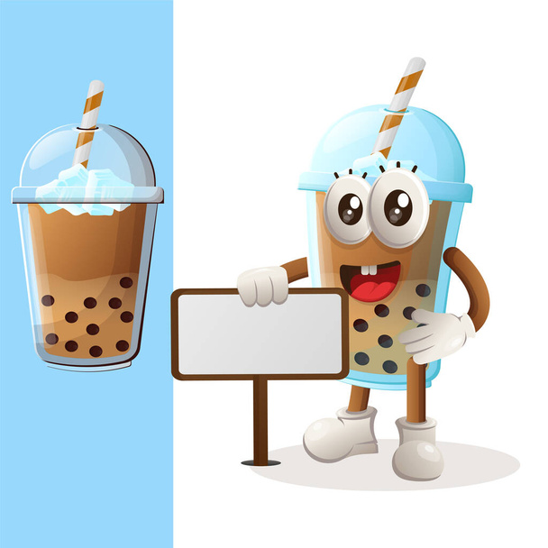 Cute Bubble Tea mascot standing next to a billboard. Perfect for food store, small business or e-Commerce, merchandise and sticker, banner promotion, food review blog or vlog channe - Вектор, зображення