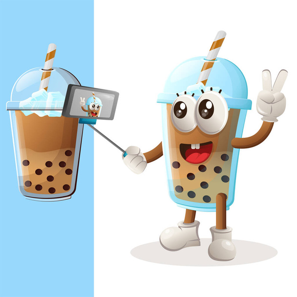 Cute Bubble Tea mascot takes a selfie with smartphone. Perfect for food store, small business or e-Commerce, merchandise and sticker, banner promotion, food review blog or vlog channe - Vector, Imagen