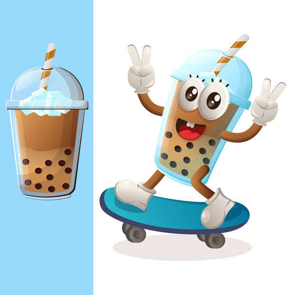 Cute Bubble Tea mascot playing skateboard, skateboarding. Perfect for food store, small business or e-Commerce, merchandise and sticker, banner promotion, food review blog or vlog channe - Вектор, зображення