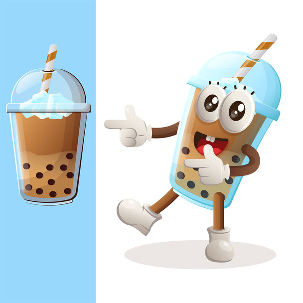 Cute Bubble Tea mascot playful with pointed hand. Perfect for food store, small business or e-Commerce, merchandise and sticker, banner promotion, food review blog or vlog channe - Вектор, зображення