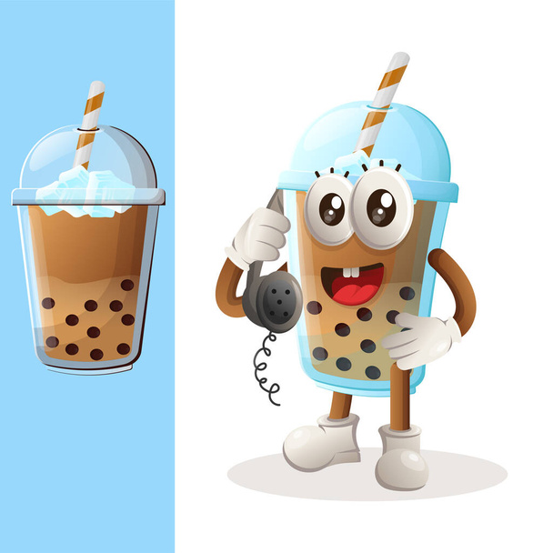 Cute Bubble Tea mascot pick up the phone, answering phone calls. Perfect for food store, small business or e-Commerce, merchandise and sticker, banner promotion, food review blog or vlog channe - Вектор, зображення