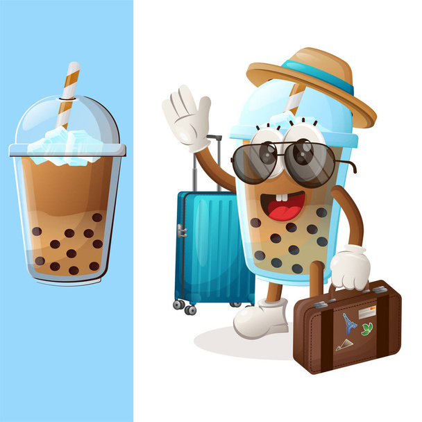 Cute Bubble Tea mascot on vacation carrying a suitcase. Perfect for food store, small business or e-Commerce, merchandise and sticker, banner promotion, food review blog or vlog channe - Вектор, зображення