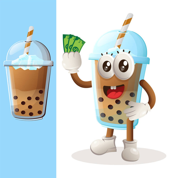Cute Bubble Tea mascot holding money. Perfect for food store, small business or e-Commerce, merchandise and sticker, banner promotion, food review blog or vlog channe - Вектор, зображення