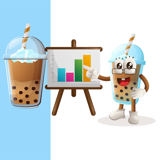 Cute Bubble Tea mascot gives report presentation, shows column graphics. Perfect for food store, small business or e-Commerce, merchandise and sticker, banner promotion, food review blog or vlog channe - Вектор, зображення