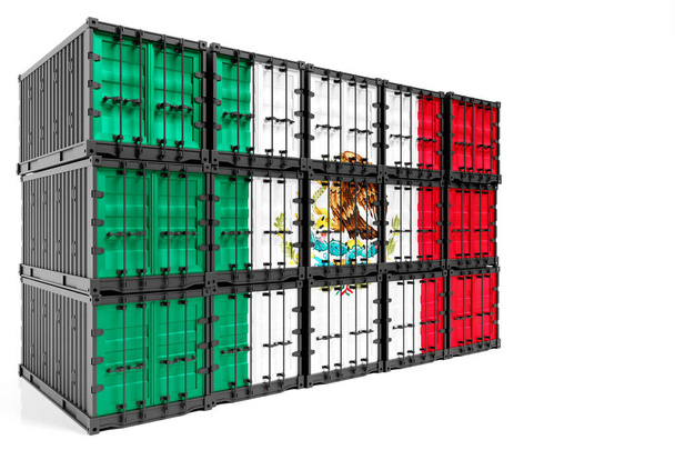  O conceito de México exportação-importação, transporte de contêineres e entrega nacional de mercadorias. O contêiner de transporte com a bandeira nacional do México, vista frontal
 - Foto, Imagem